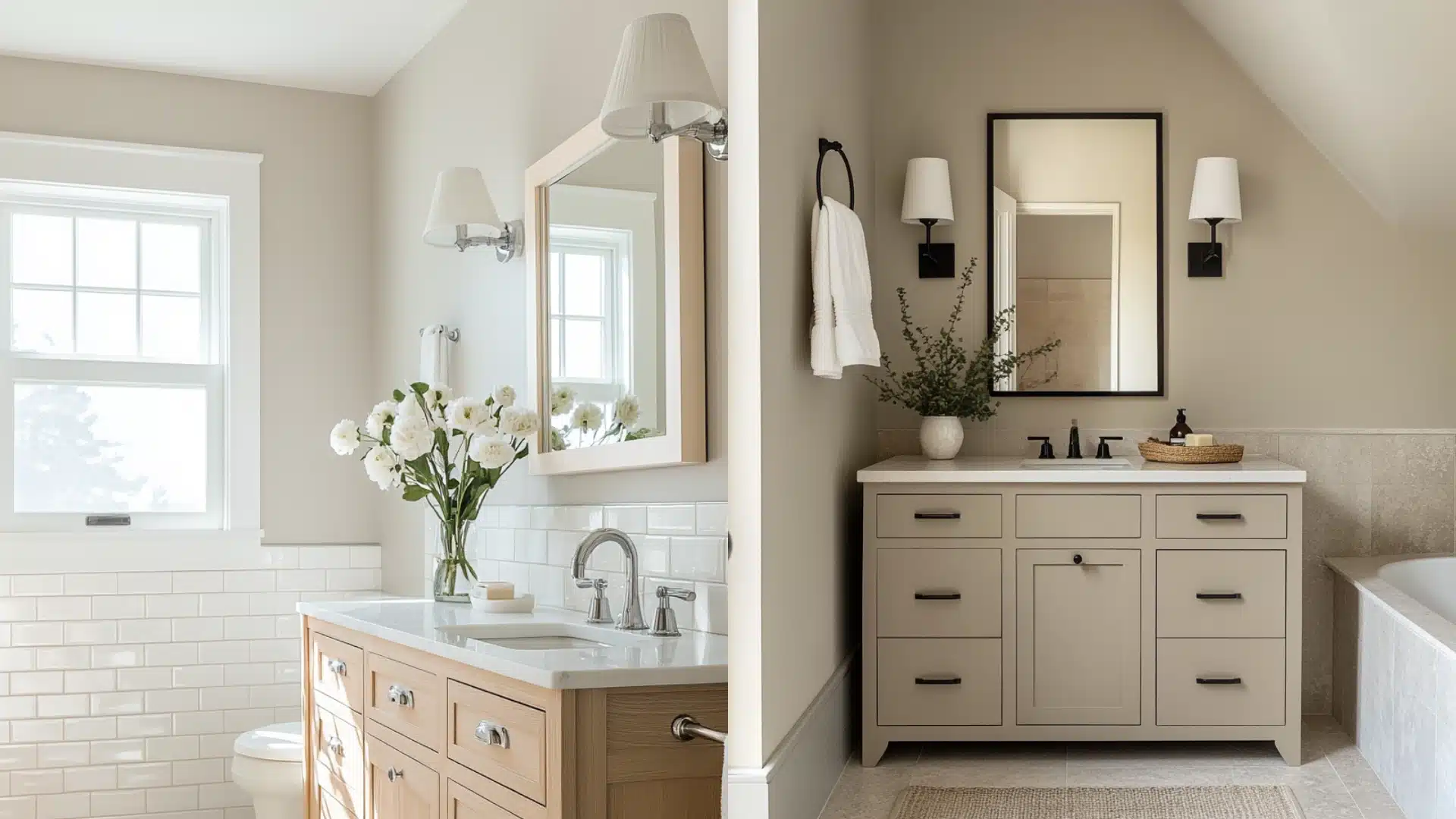 Two images of a bathroom featuring a white sink and a wooden vanity, showcasing modern design elements and decor