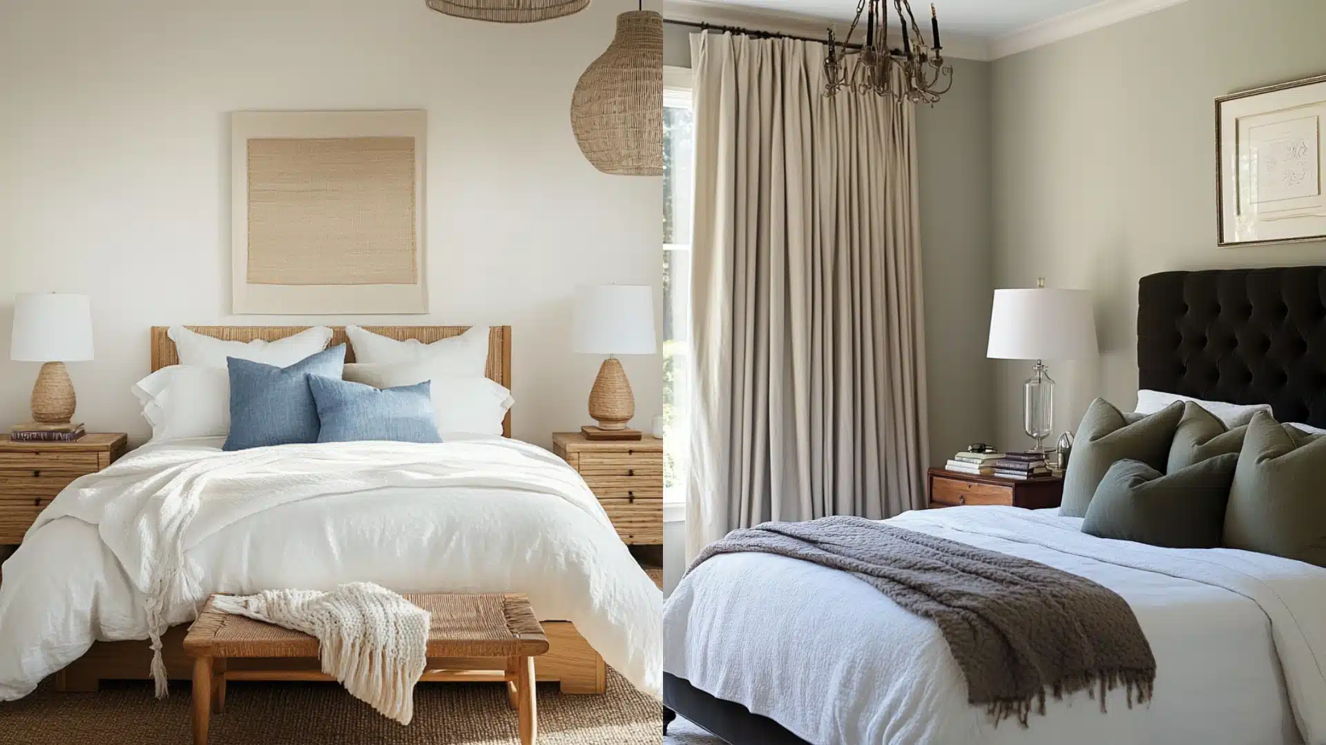Two beds in a bedroom featuring white and blue accents, creating a serene and inviting atmosphere