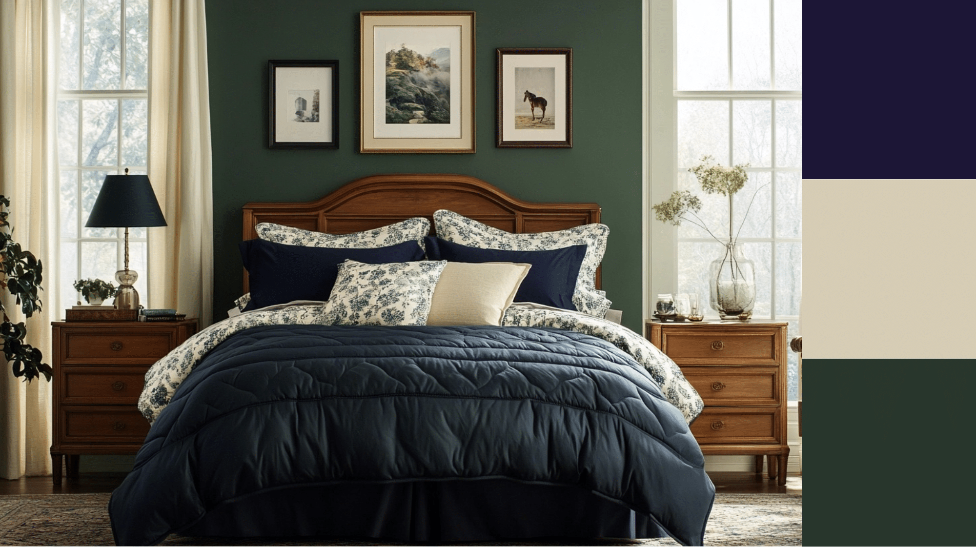 Dark Sage + Deep Blue + Warm Beiges