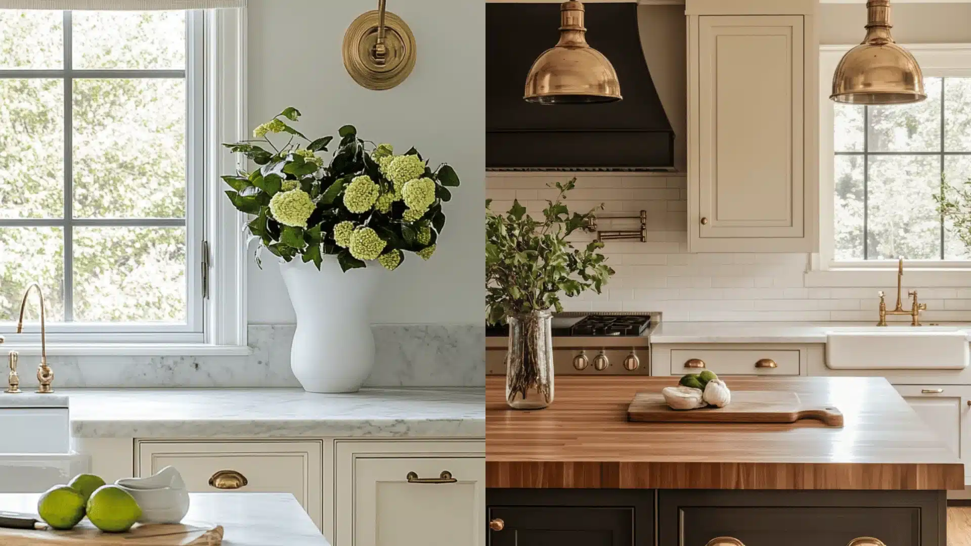 A modern kitchen featuring a white countertop and a stylish gold sink, creating an elegant and bright atmosphere