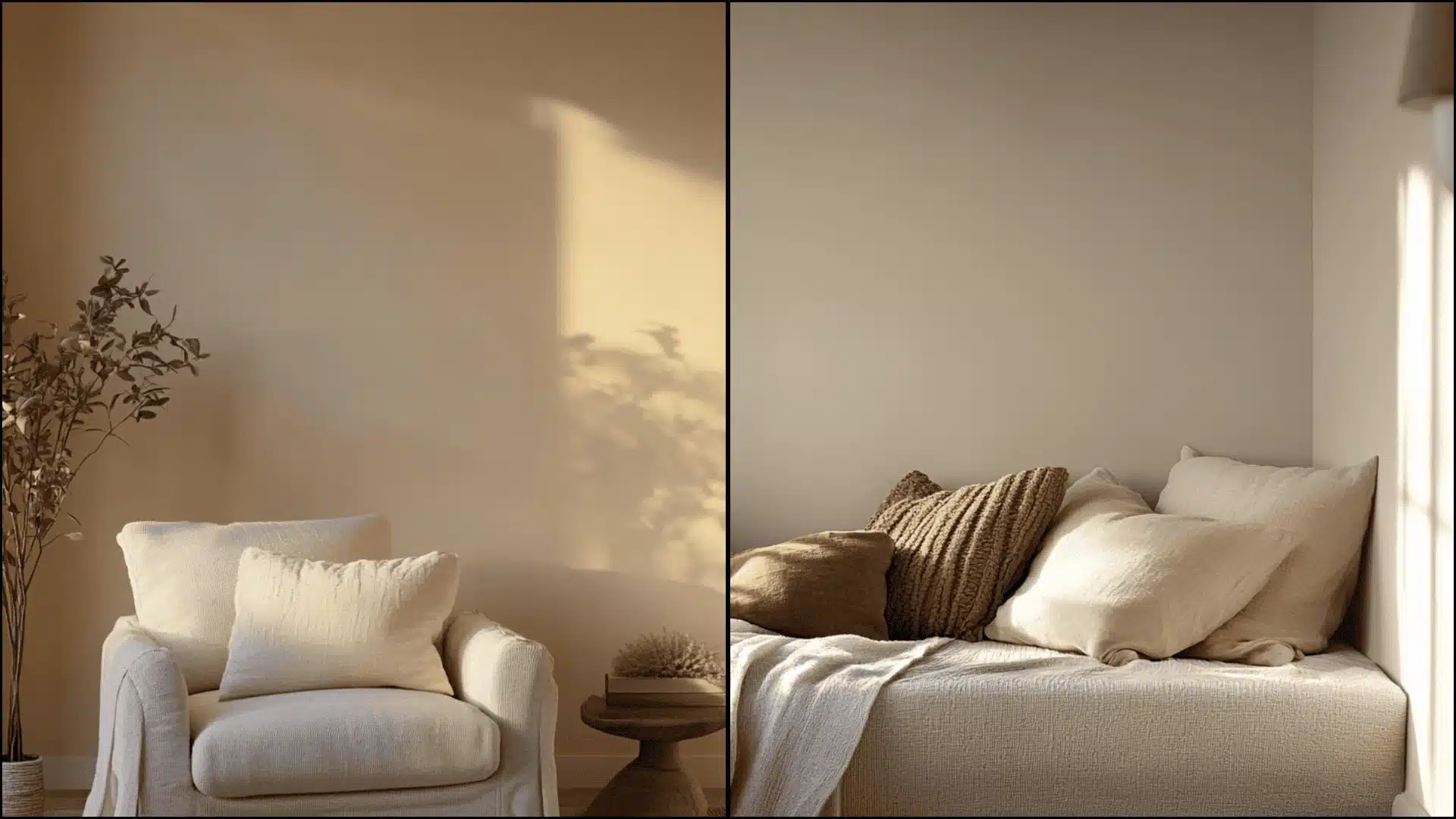 Two images of a room featuring a chair and a plant, showcasing different angles and lighting