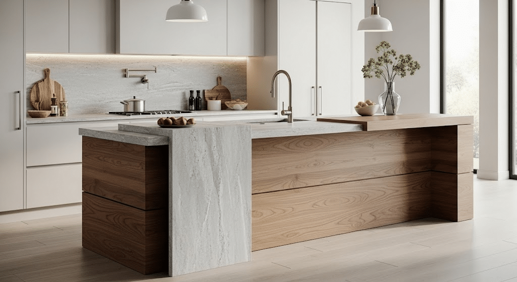 Mixed Material Contrast (Wood + Stone)