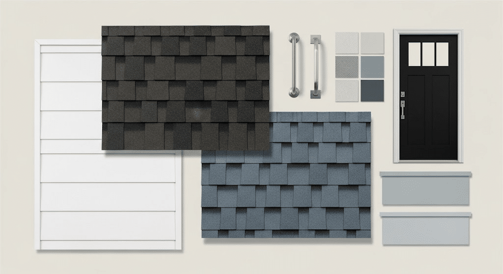 White Siding + Dark Charcoal or Slate Blue Shingles

