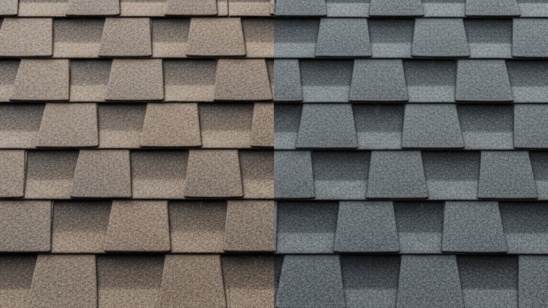 Side by side view of GAF Timberline HDZ charcoal roof shingles and slate roof shingles showing dark gray color variations