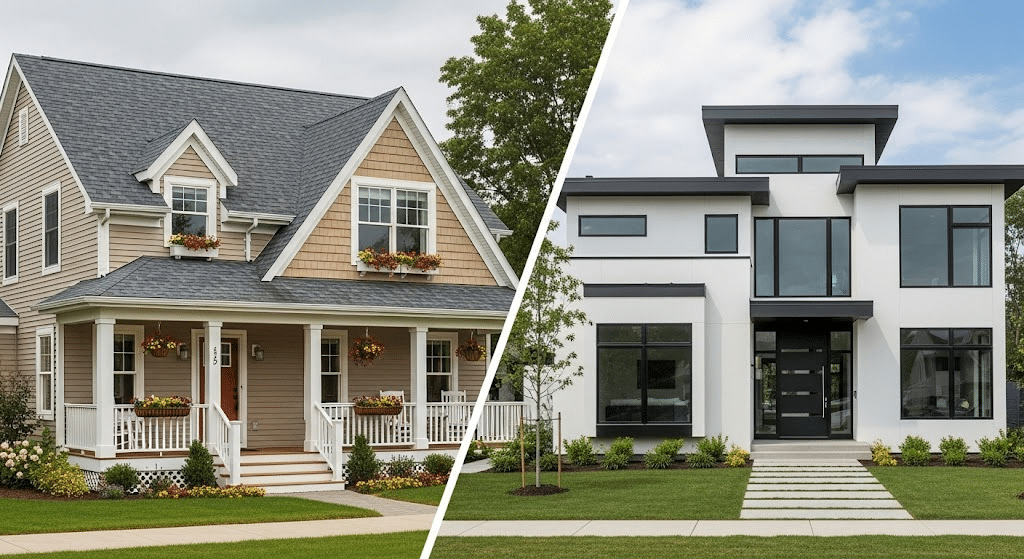 Comparison of a traditional tan home with charcoal roof shingles and a modern white home with dark gray roof shingles
