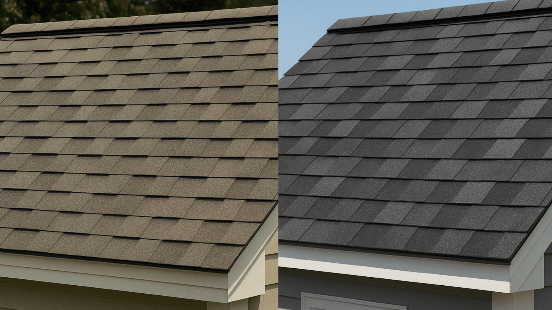 Side by side view of charcoal gray roof shingles and slate gray roof shingles showing two different dark color options