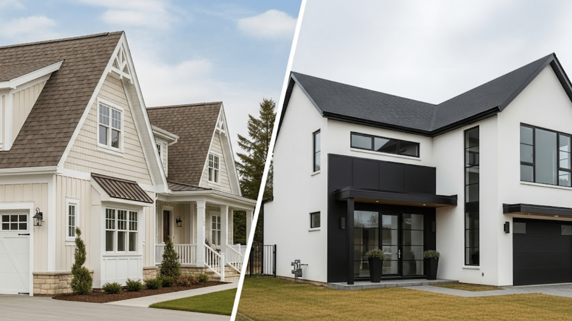 Side by side view of GAF Timberline HDZ charcoal gray roof shingles and slate gray roof shingles showing color options