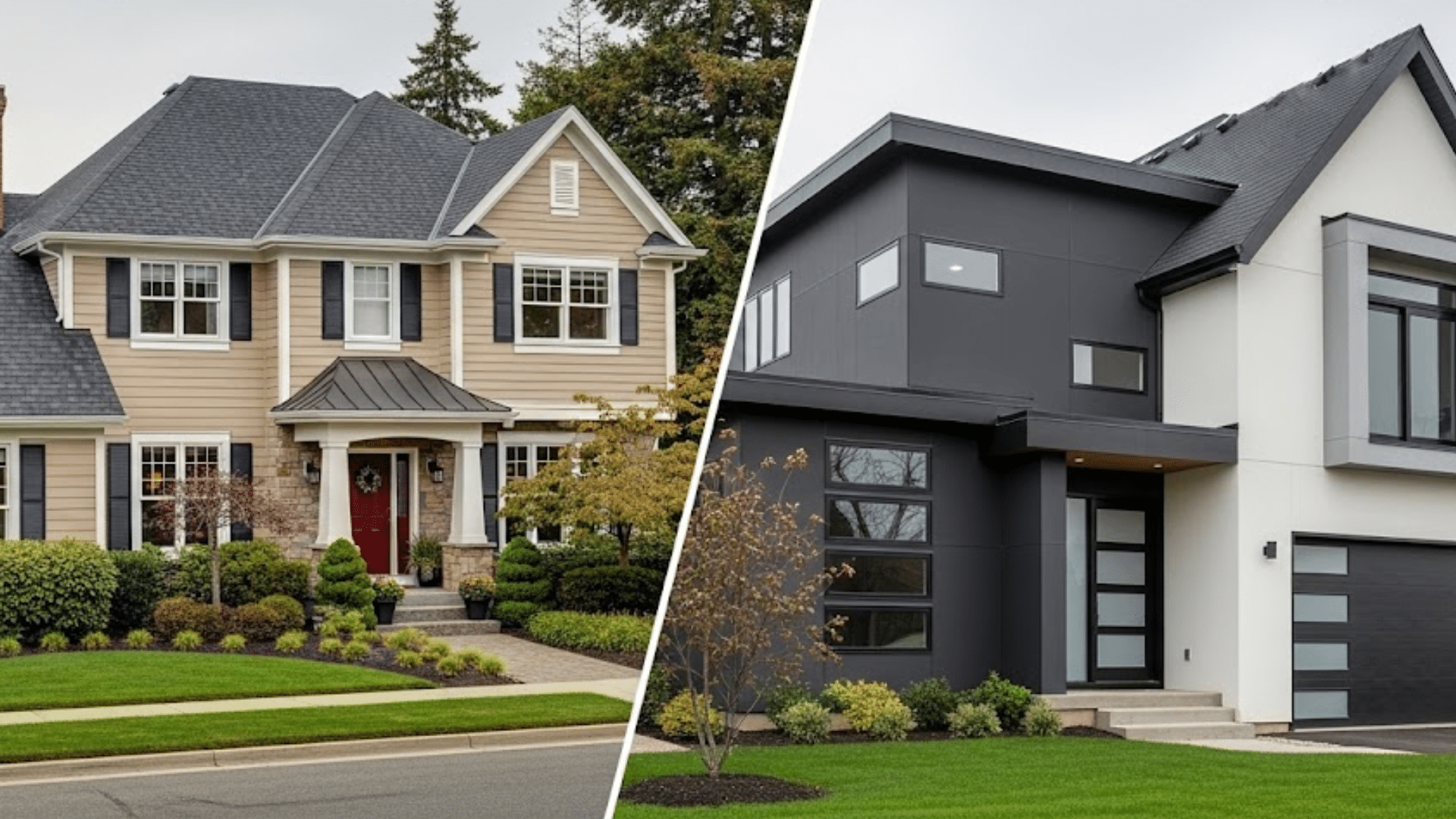 Two homes side by side showing GAF oyster gray roof shingles on the left and pewter gray roof shingles on the right