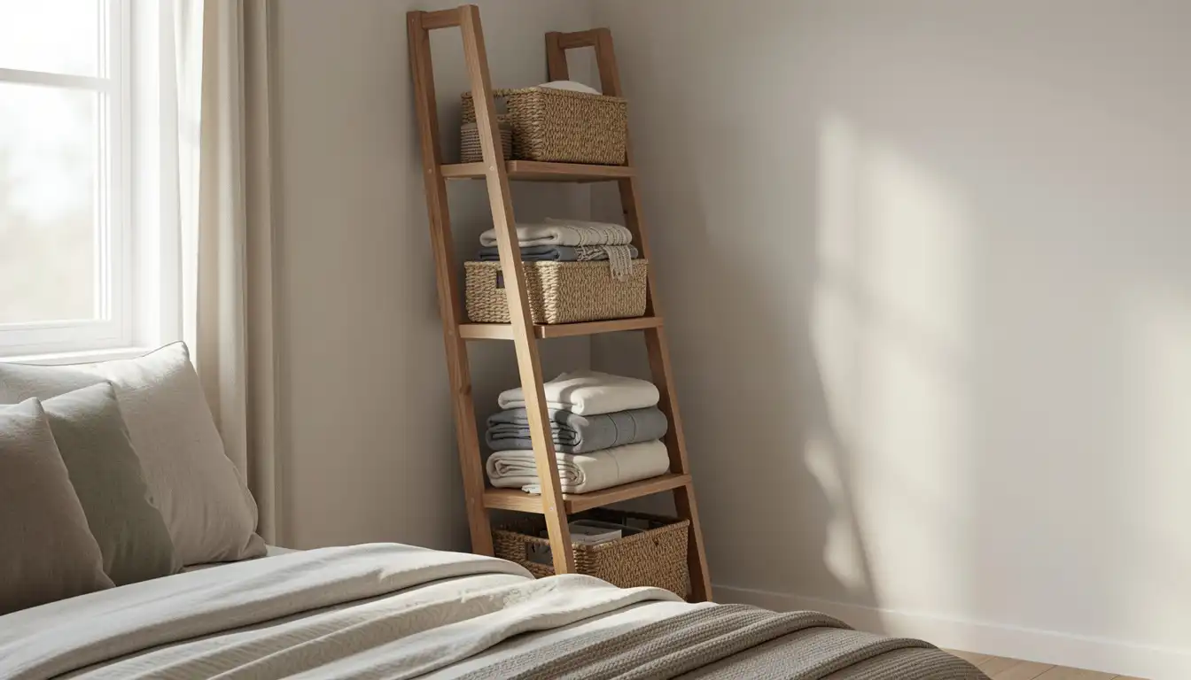 A light wood leaning ladder shelf holding woven baskets and neatly folded neutral-toned blankets stands next to a bed with soft pillows near a sunlit window in a minimalist bedroom