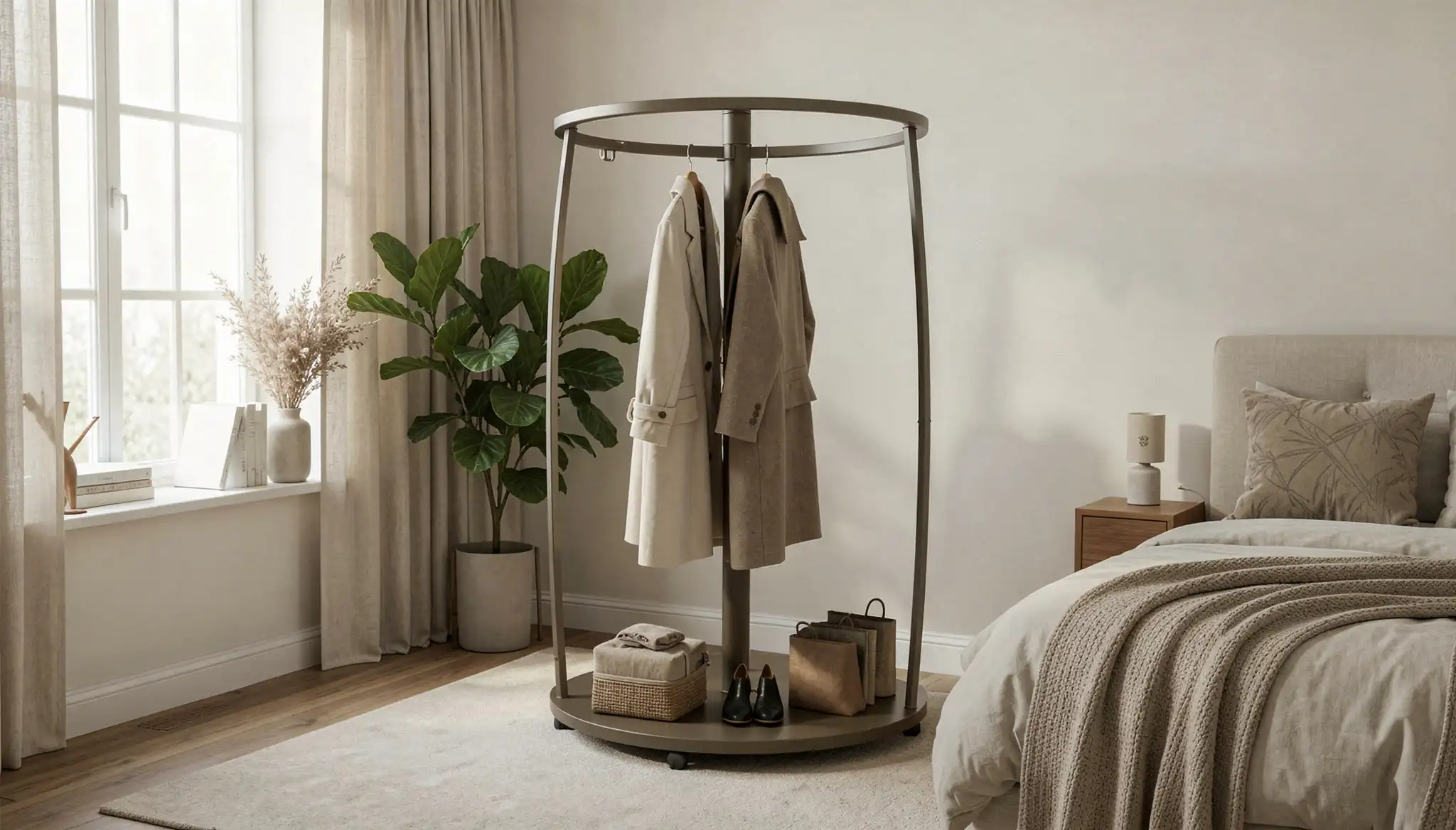 A modern bedroom featuring a circular, dark metal coat rack displaying two trench coats above a storage base with shoes and bags, positioned near a window with sheer curtains
