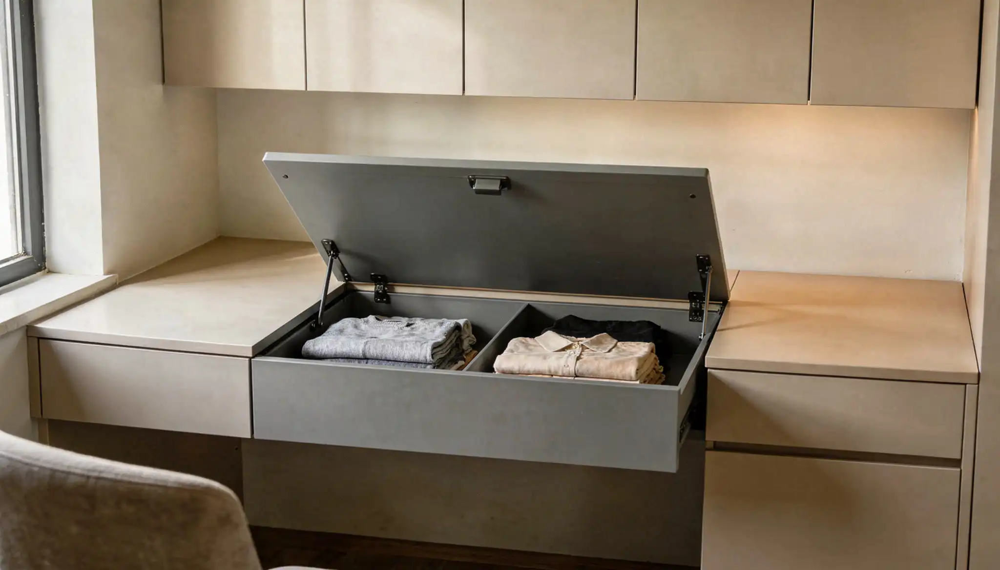 A modern built-in vanity or desk features a dark gray, lift-top storage compartment revealing neatly folded shirts, flanked by light-colored cabinetry and under-cabinet lighting