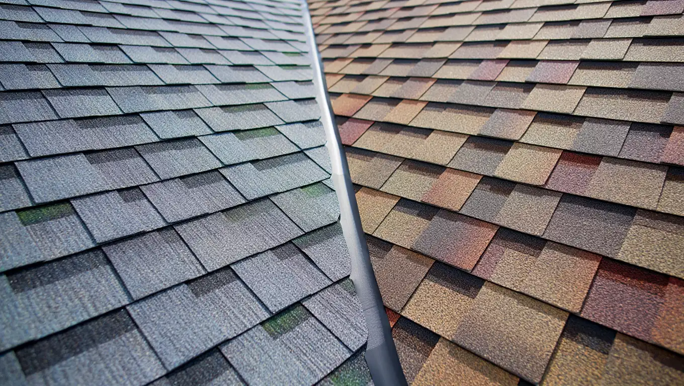 A roof featuring two varieties of shingles, highlighting contrasting styles and materials used in roofing
