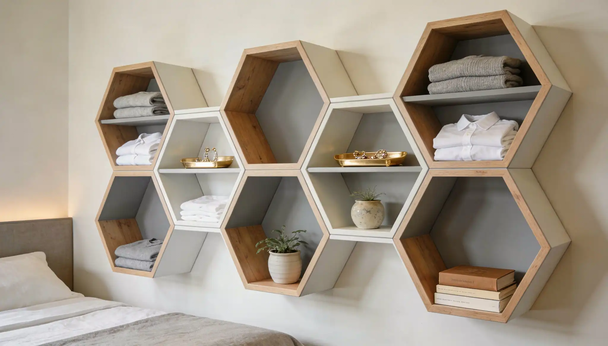 A wall display of interlocking hexagonal shelves in white, gray, and natural wood tones, featuring neatly folded clothes, small potted plants, and decorative gold trays above a simple modern bed