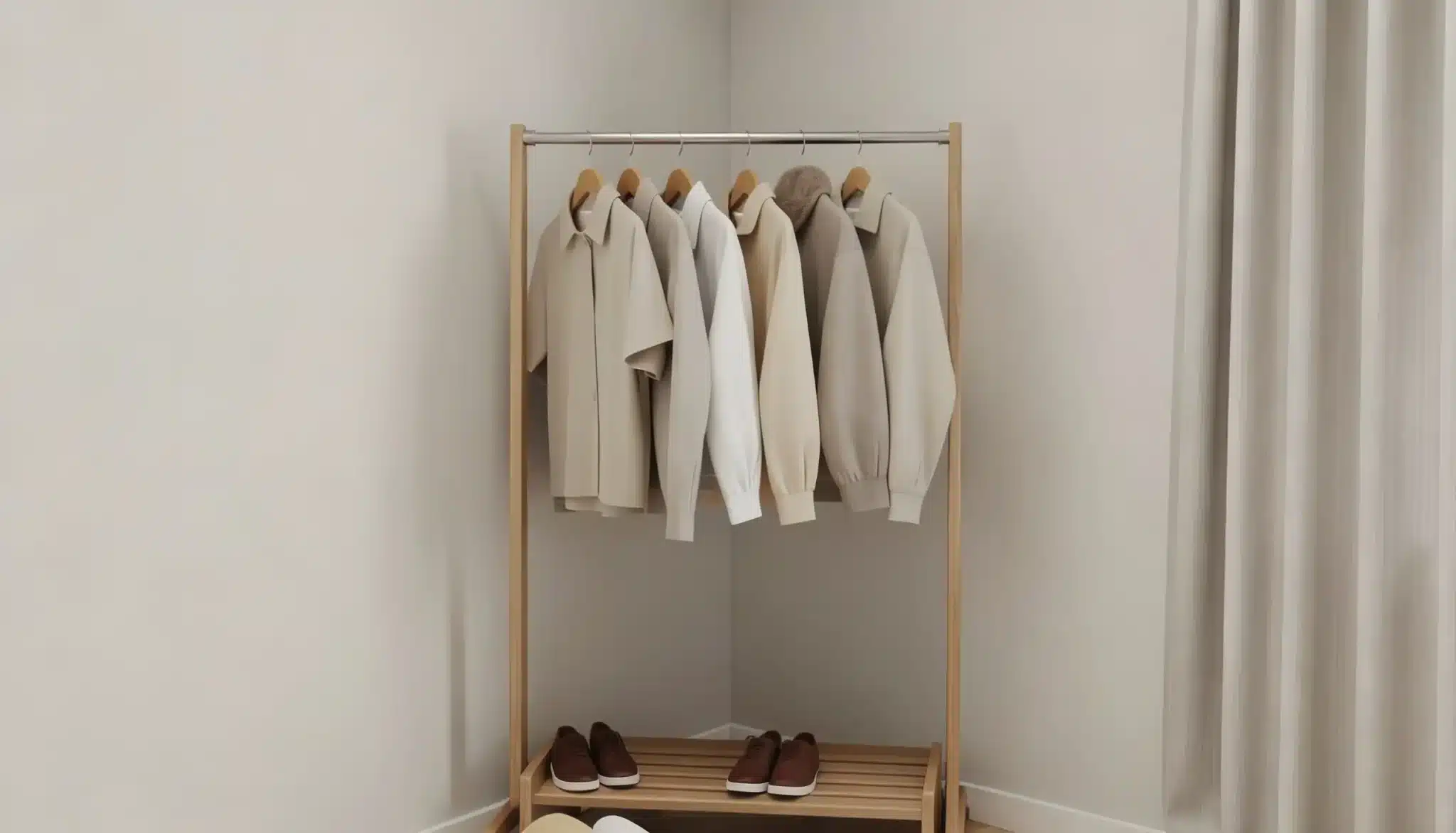 A wooden clothing rack displays several neutral-toned beige and white shirts and jackets above a slatted shelf holding pairs of brown leather shoes