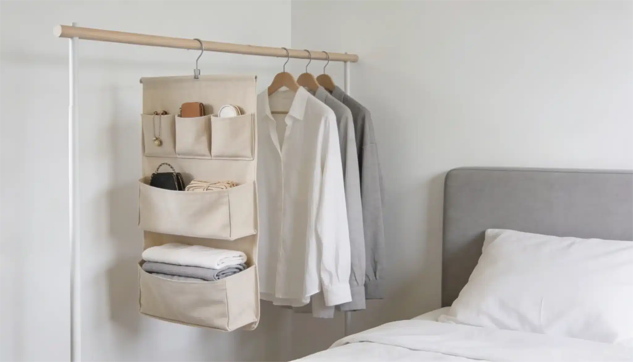 Beige hanging closet organizer next to clothes hanging on a rack beside a modern gray headboard and white bedding