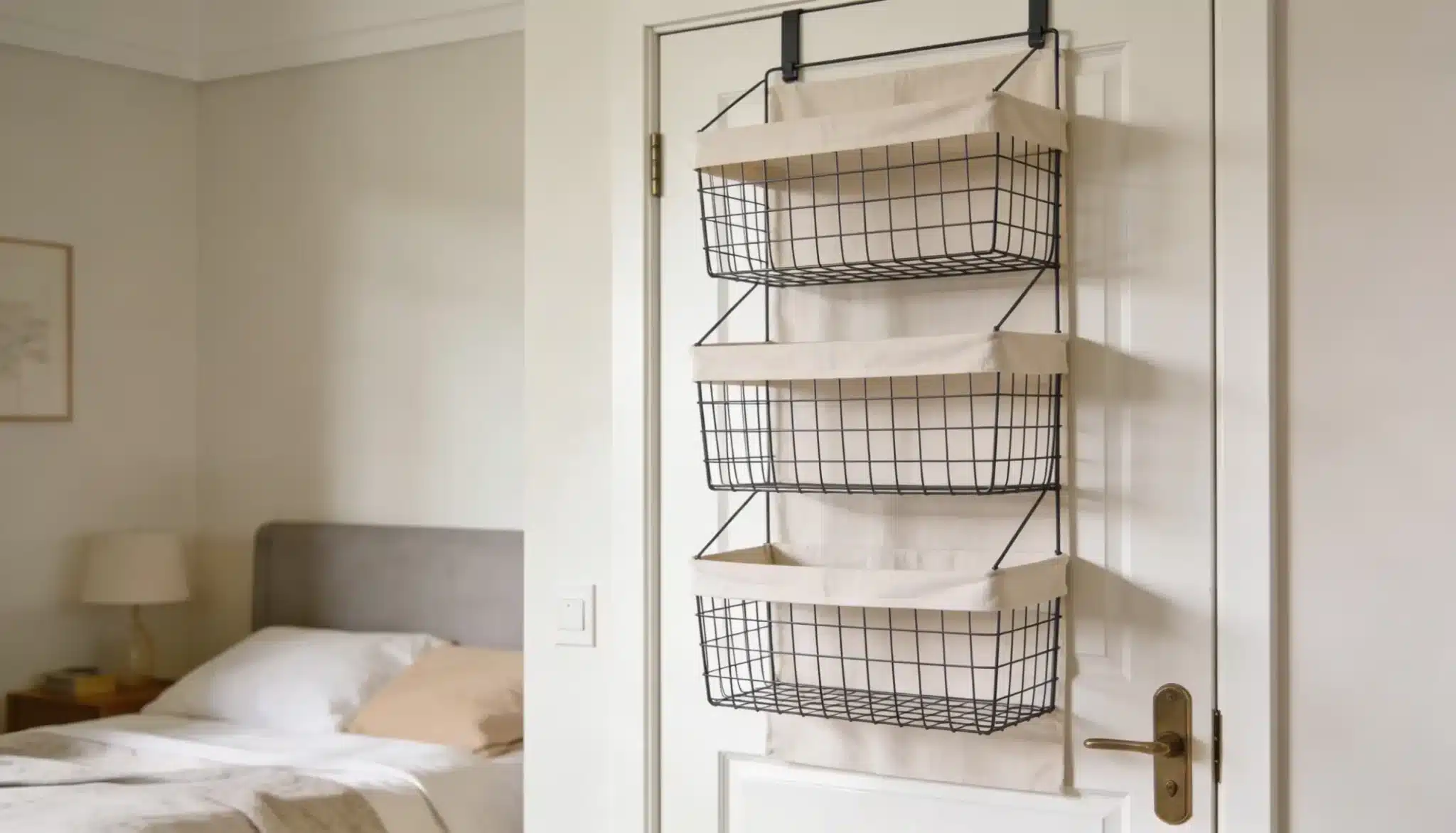 Black wire over-the-door organizer with three canvas-lined storage baskets hanging on a white interior door near a lightly colored bedroom