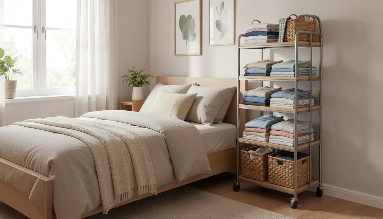 Bright, minimalist bedroom featuring a light wood bed with neutral bedding next to a rolling metal shelving unit stacked neatly with folded clothes and wicker baskets