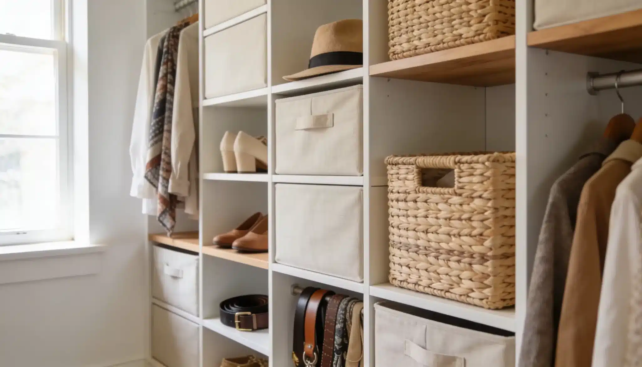 Bright, organized closet shelving unit featuring neutral storage bins, woven baskets, shoes, belts, and hanging clothes next to a window