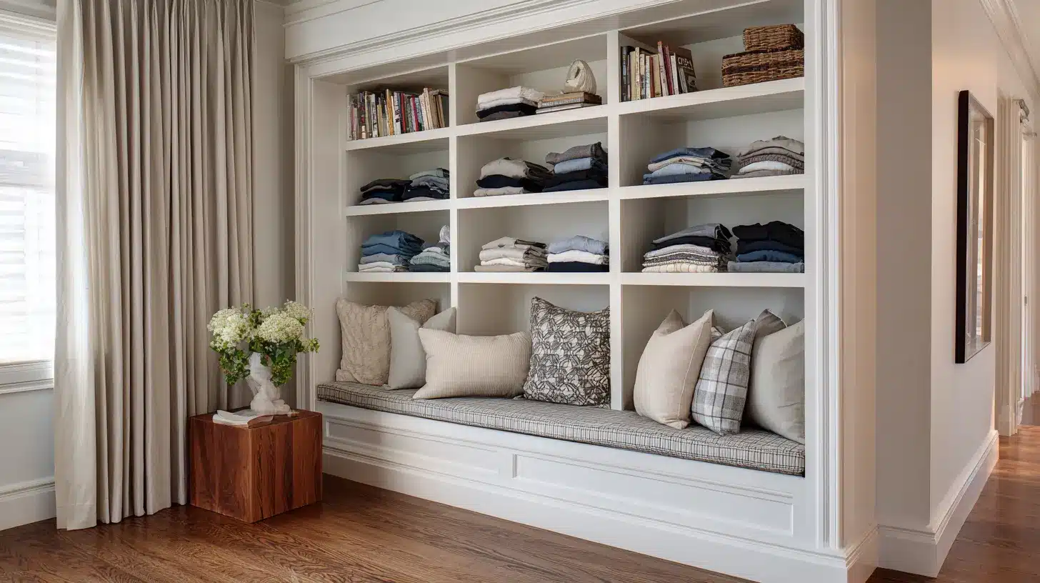 Built-in wall shelving with bench seat, neutral decor, folded linens and pillows, soft beige walls and natural light interior design