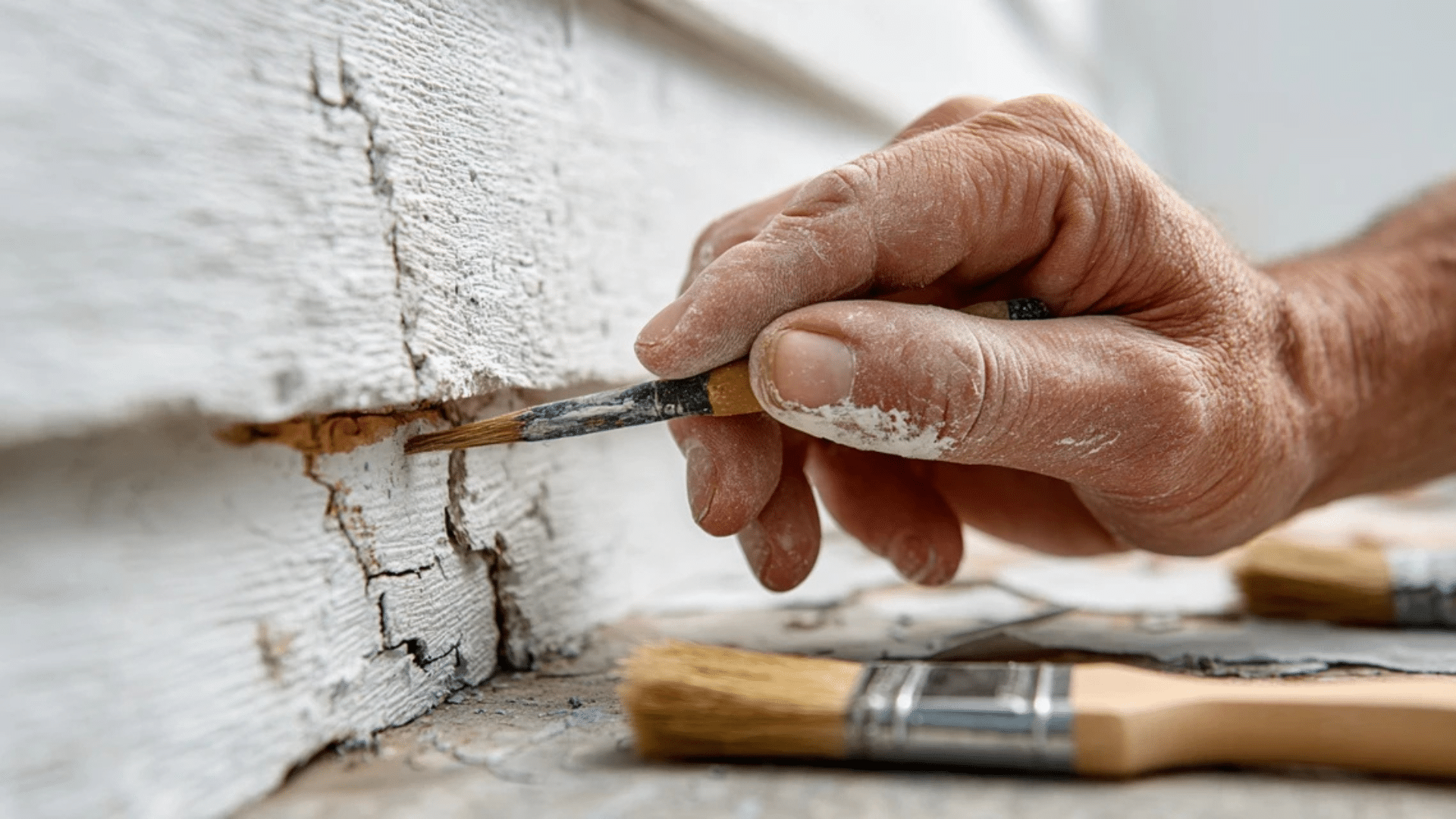 Close-up of hand repairing cracked masonite siding, applying paint to damaged hardboard masonite siding on exterior wall