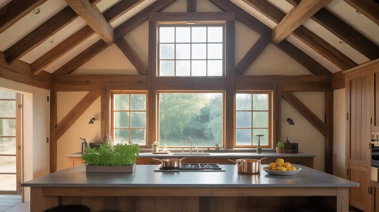 Exposed Wood Beams & High Ceiling