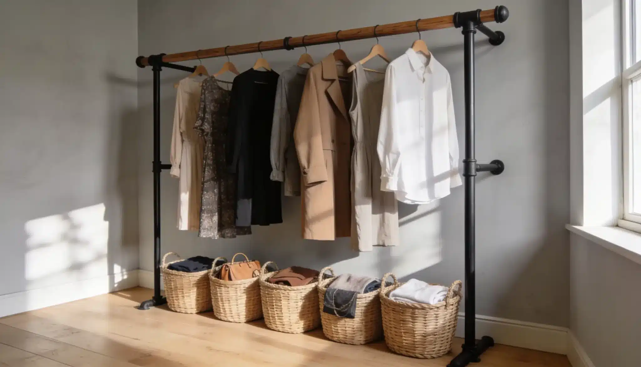 Industrial pipe clothing rack with hanging neutral-toned garments above woven baskets on a light wood floor against a gray wall