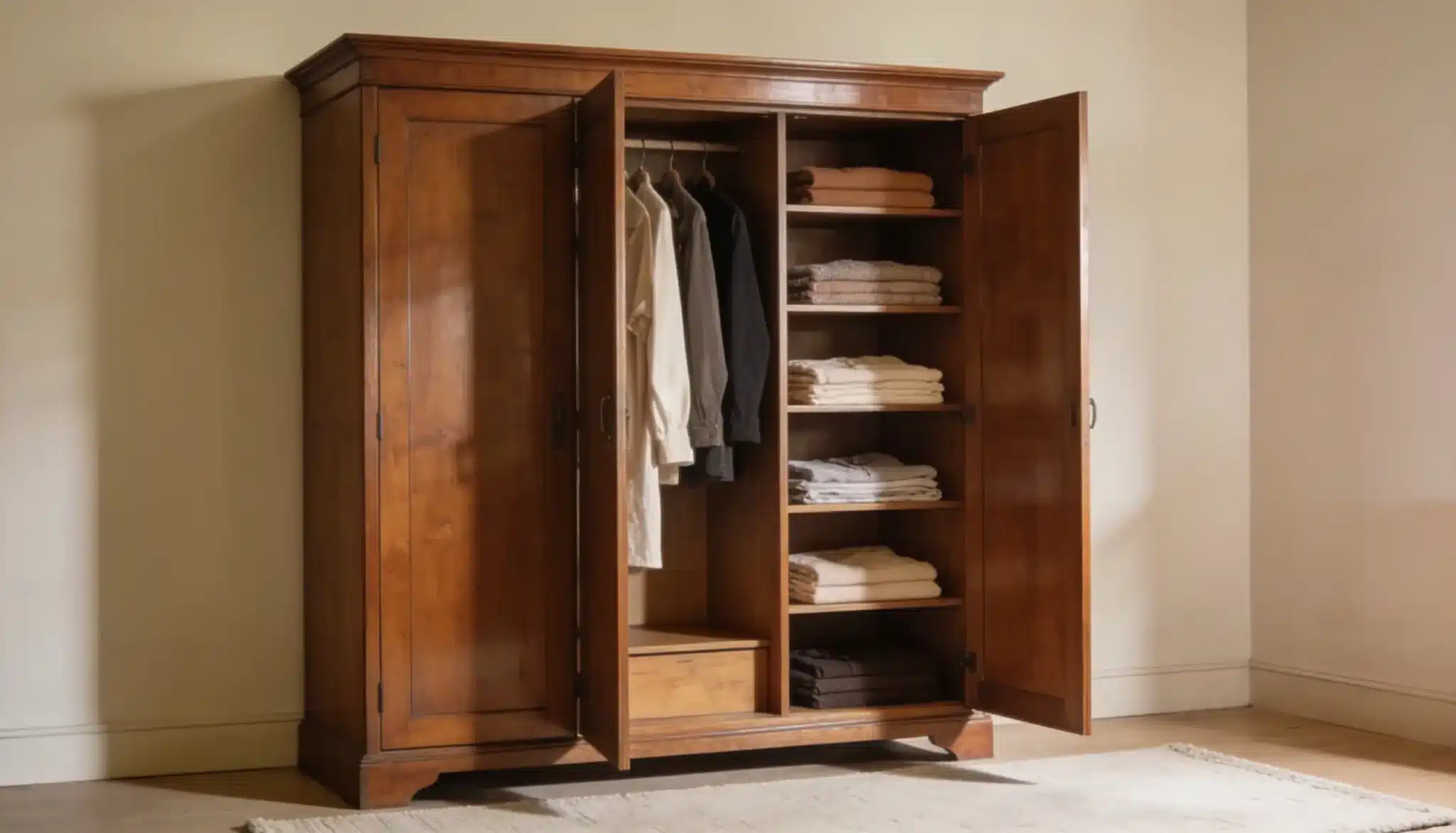 Large, antique wooden wardrobe with doors open revealing hanging clothes and neatly stacked folded linens on shelves