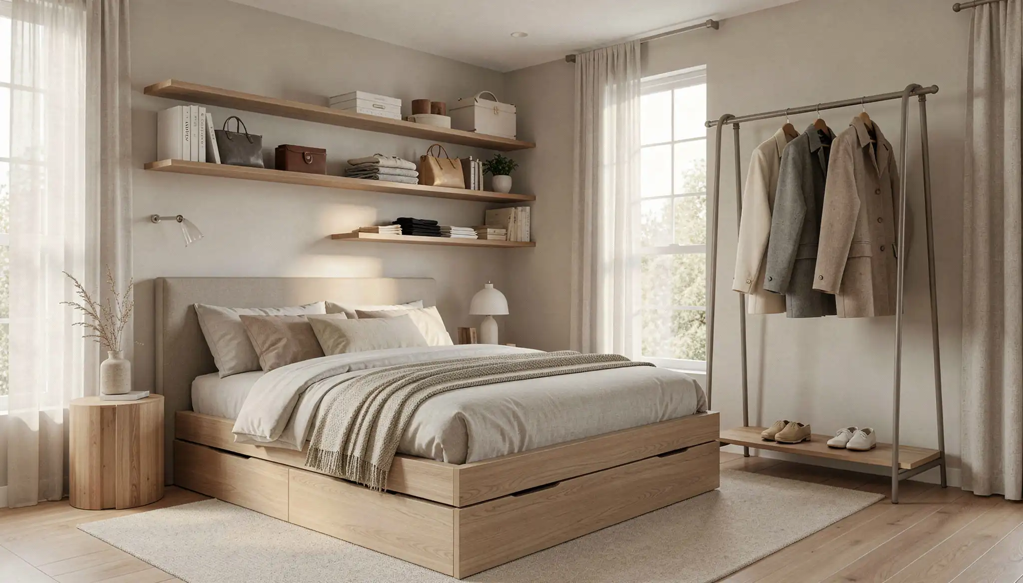 Minimalist bedroom featuring a light wood storage bed, floating shelves with organized items, and a metal clothing rack with hanging coats next to a large window.