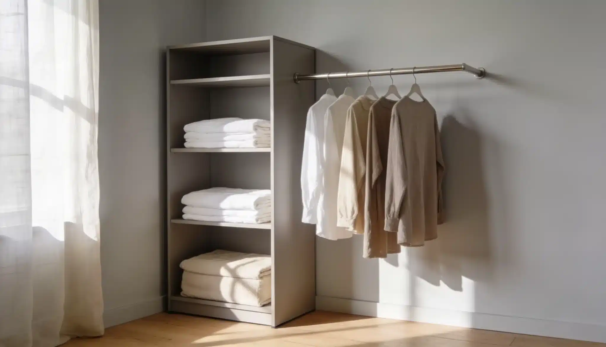 Minimalist open closet unit featuring stacked white towels and hanging neutral-toned shirts next to a window with sheer white curtains