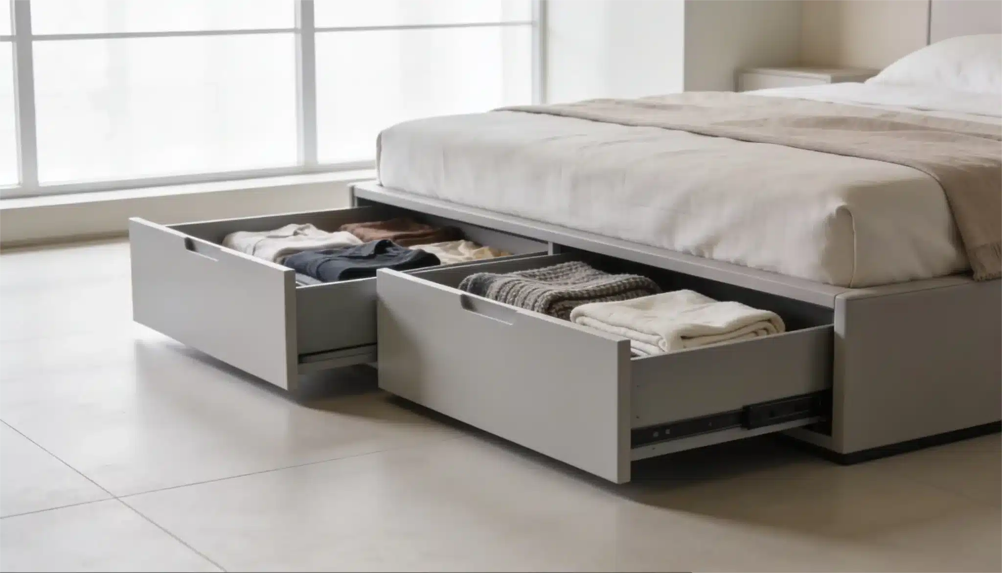 Platform storage bed with two open drawers revealing folded clothing near a bright window