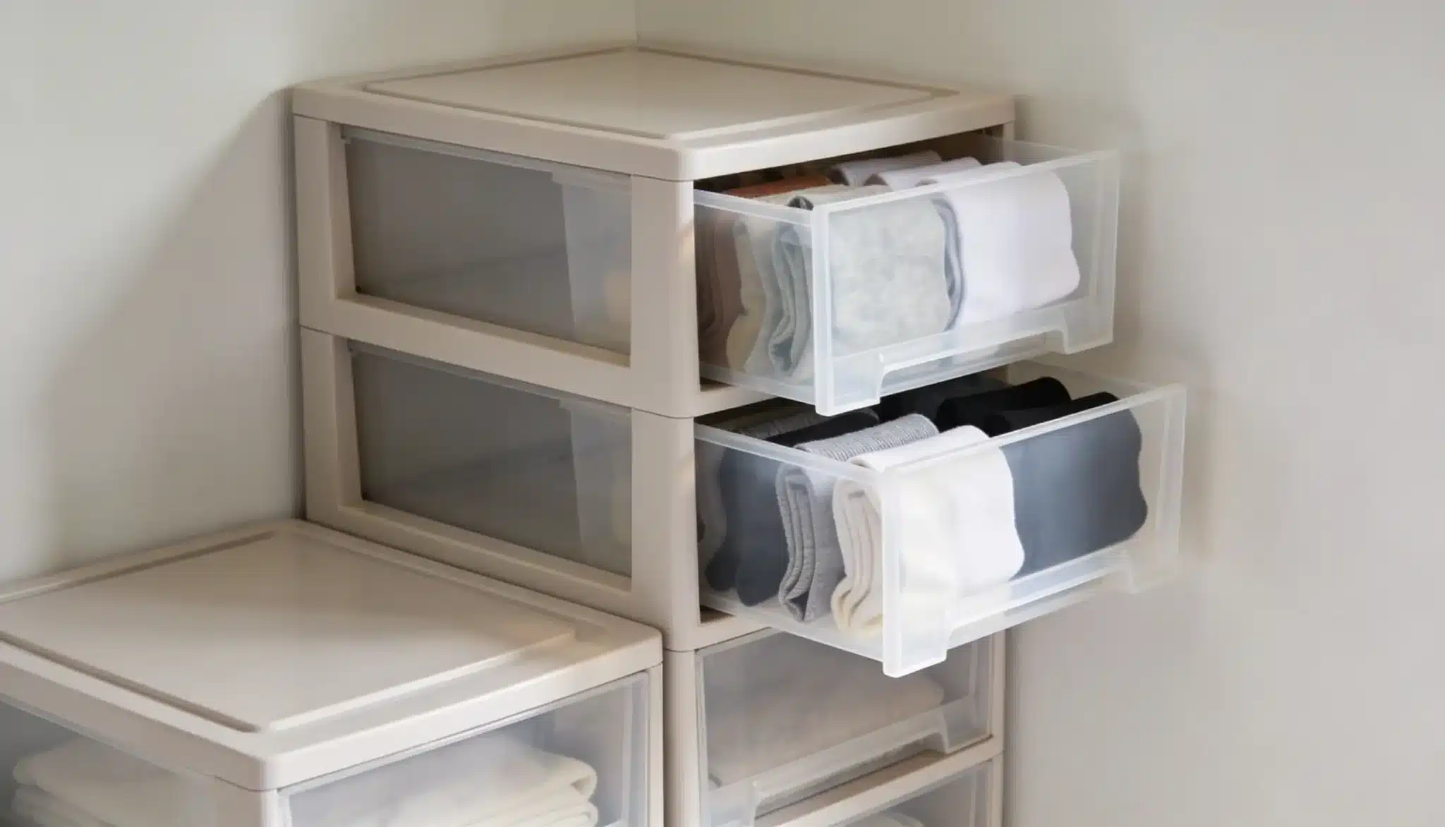 Stackable, translucent plastic storage drawers filled with neatly folded white and gray clothing items inside a corner space
