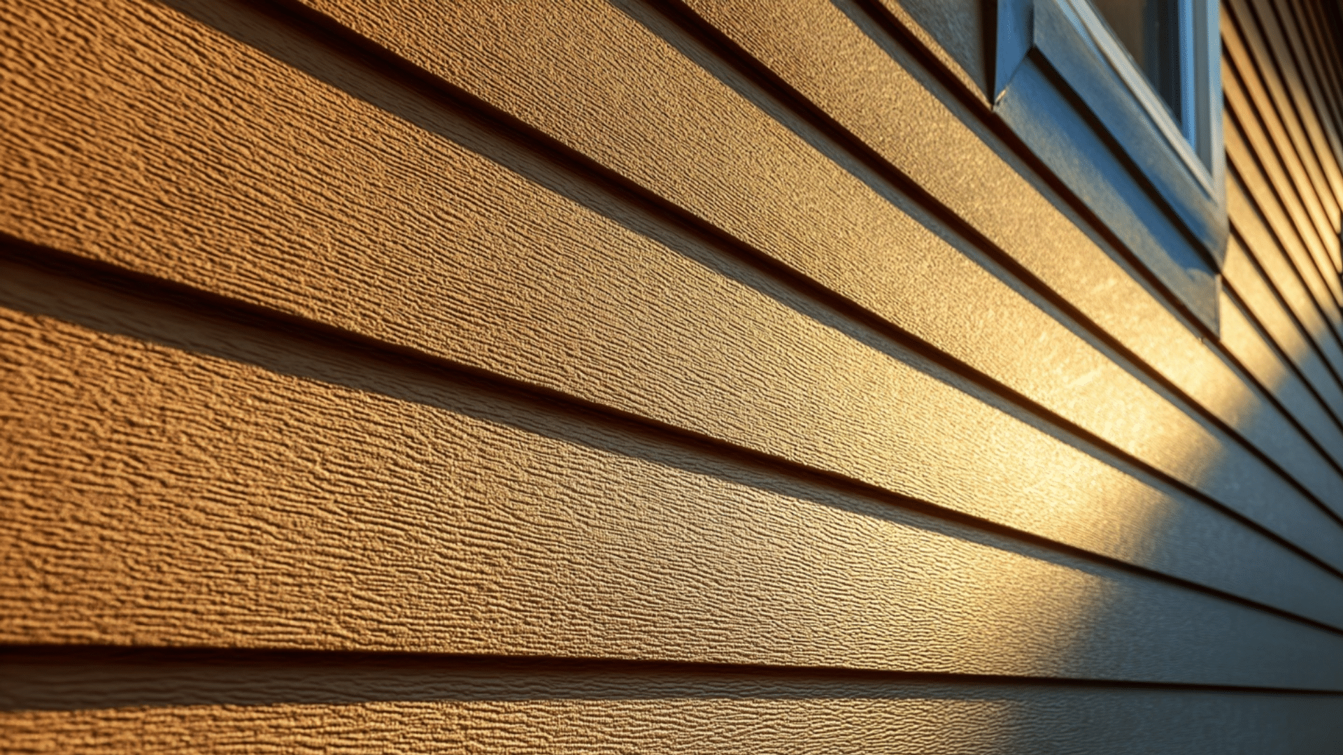Sunlit exterior wall with clean masonite siding panels, showing smooth hardboard masonite siding texture and modern home finish
