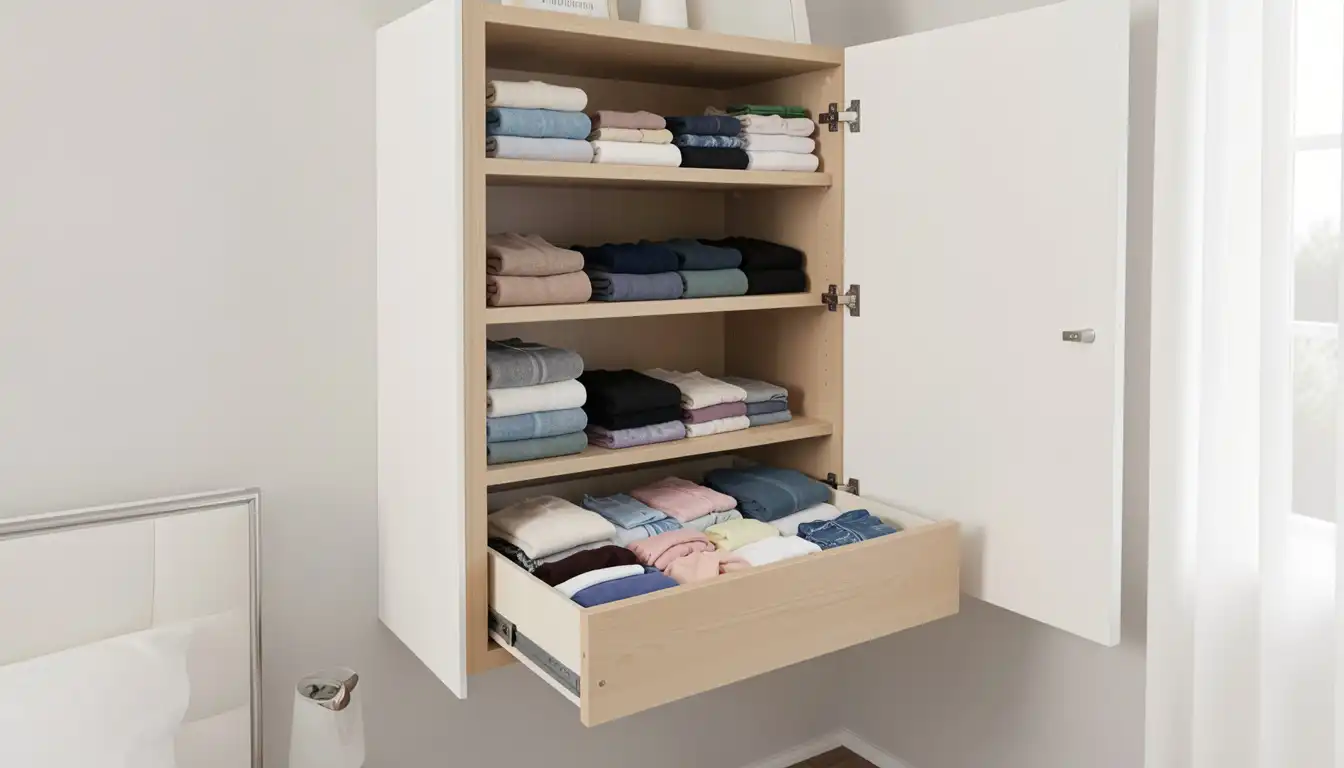 Wall-mounted light wood closet with an open white door revealing neatly folded clothes on shelves and in an open pull-out drawer