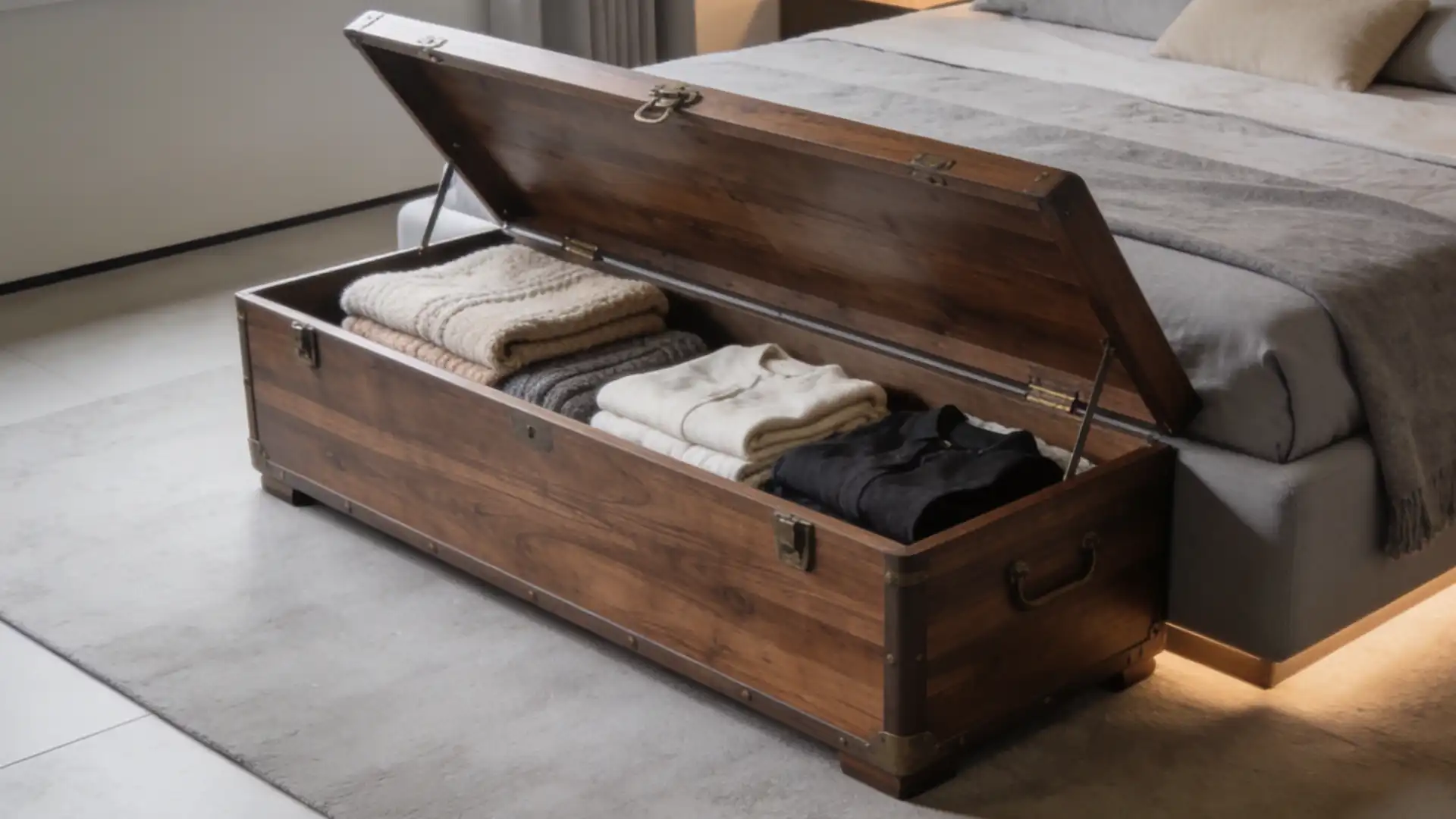 Wooden storage chest with the lid open revealing folded sweaters placed at the foot of a contemporary bed