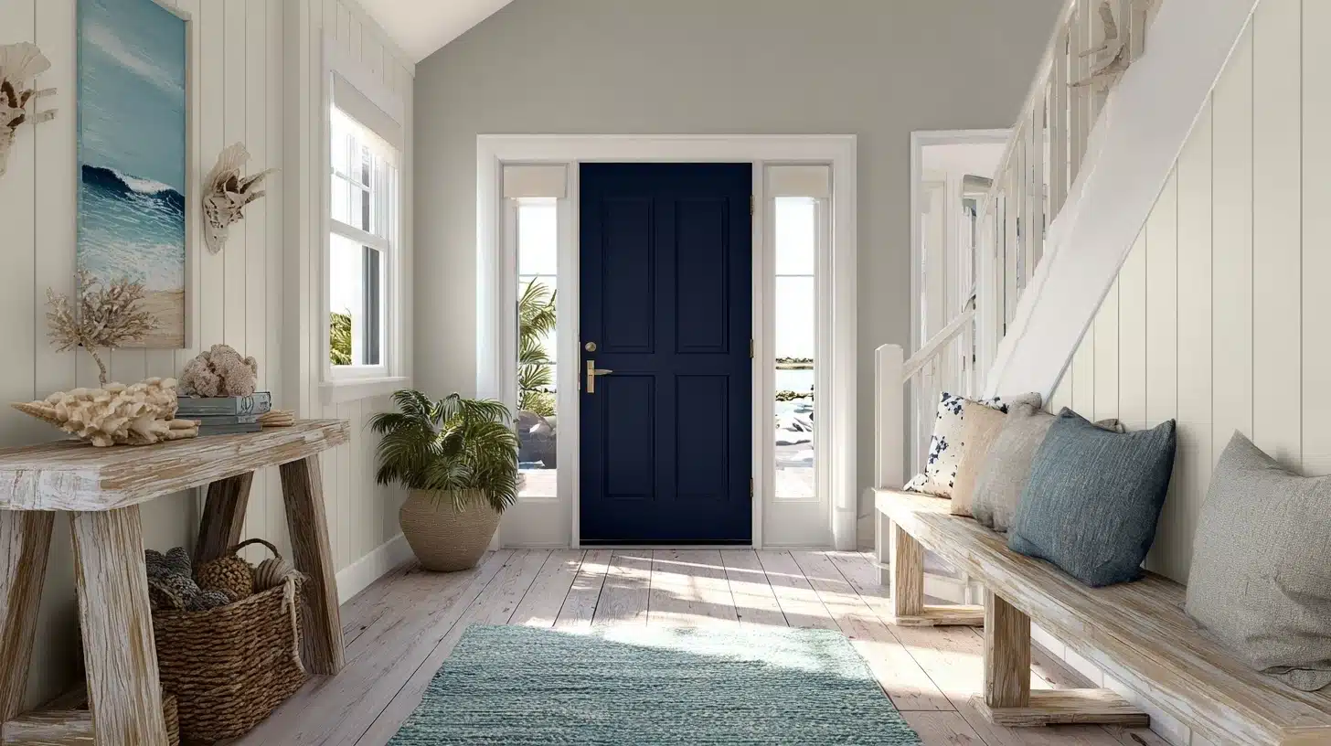 A hallway featuring a blue door and a polished wooden floor, creating a warm and inviting atmosphere