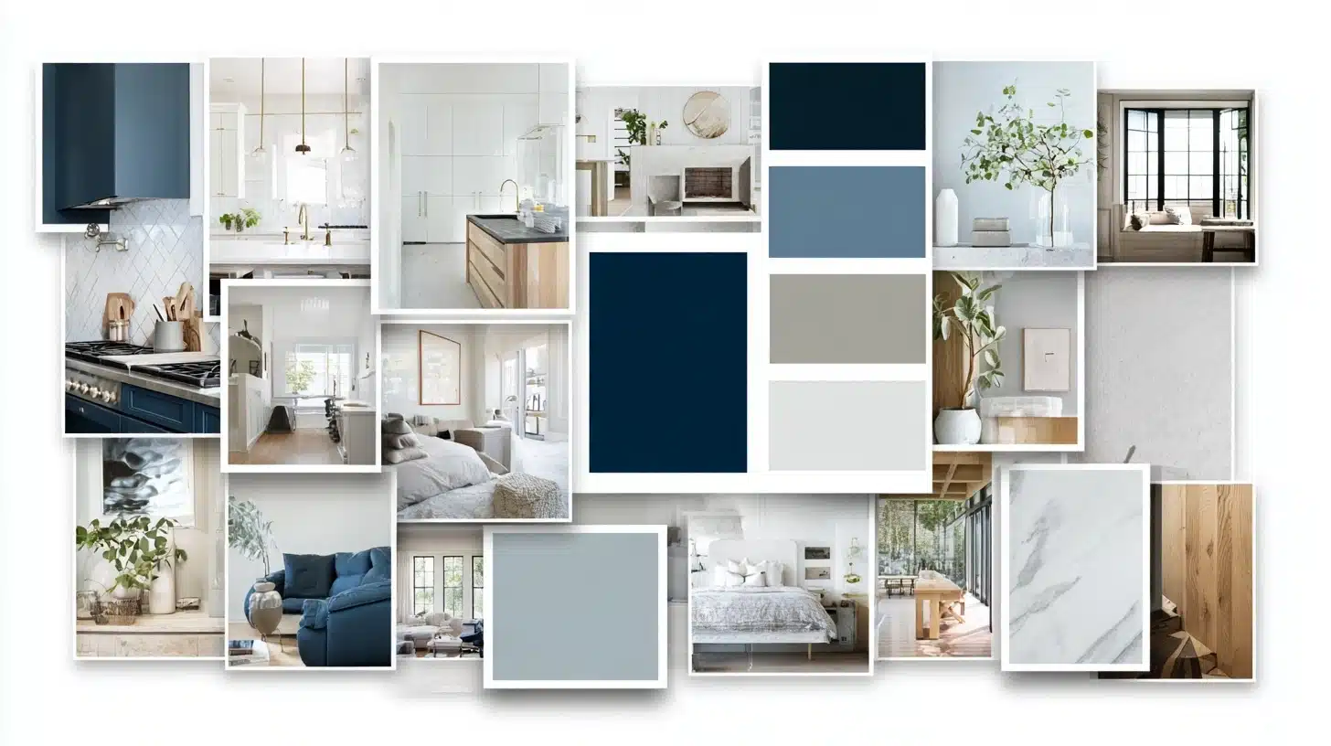 A collage featuring various blue and white photographs arranged artistically
