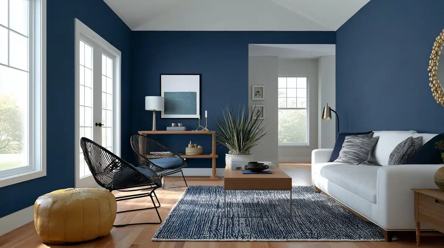 A living room featuring blue walls and stylish white furniture, creating a bright and inviting atmosphere