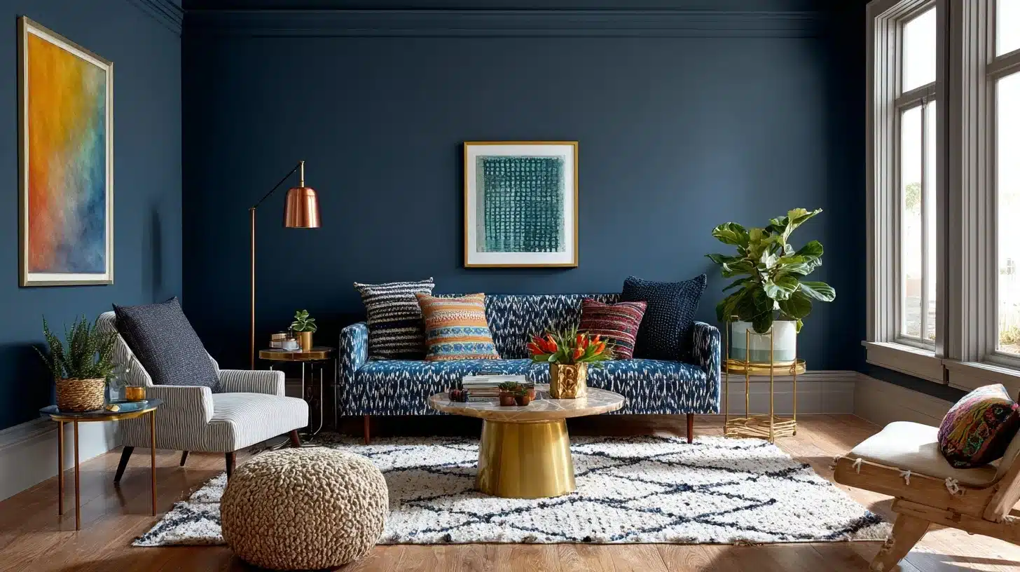 A living room featuring blue walls and a matching blue couch, creating a cohesive and calming atmosphere