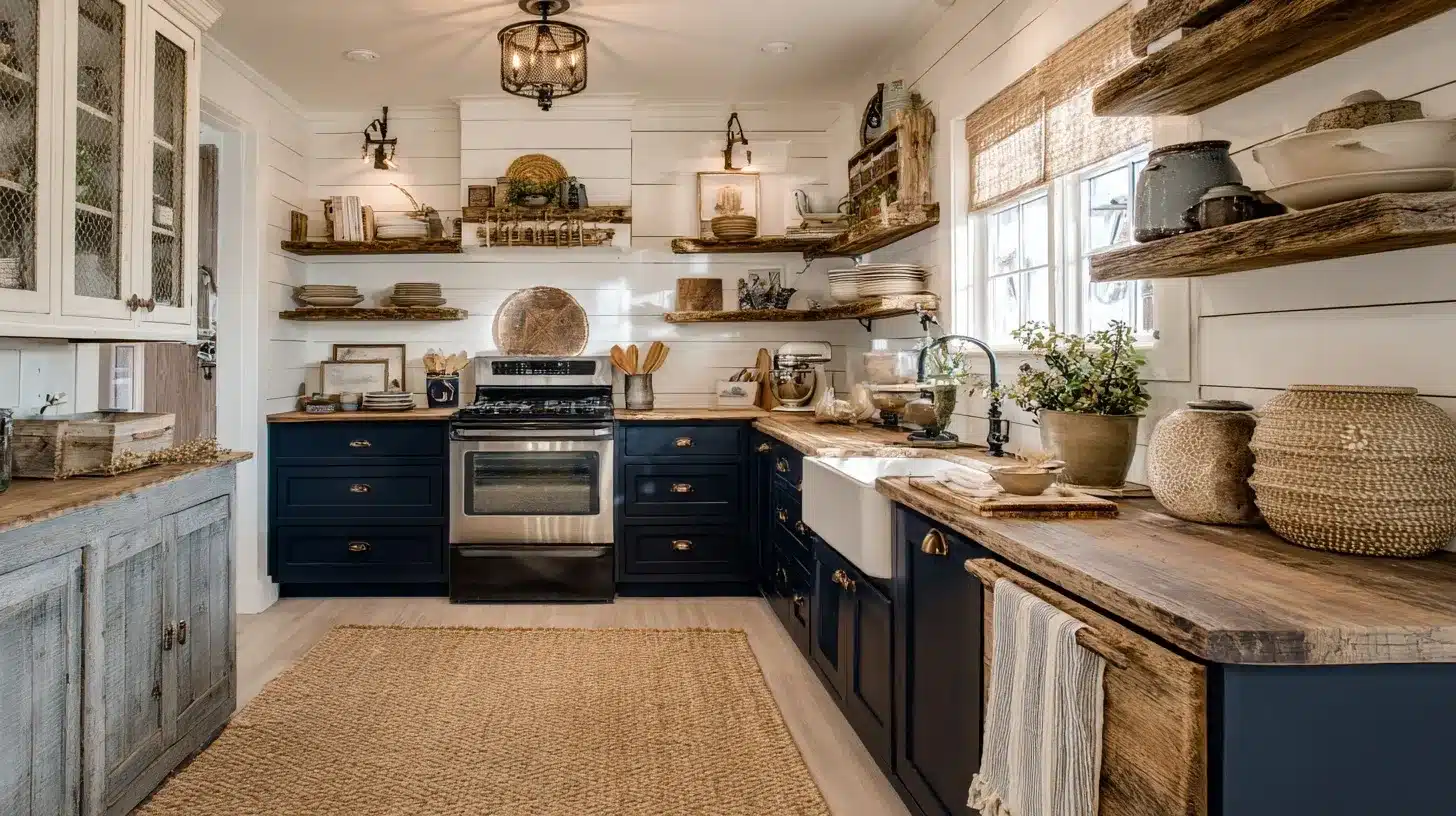 A stylish kitchen with blue cabinetry and wooden shelves, showcasing a blend of color and natural materials