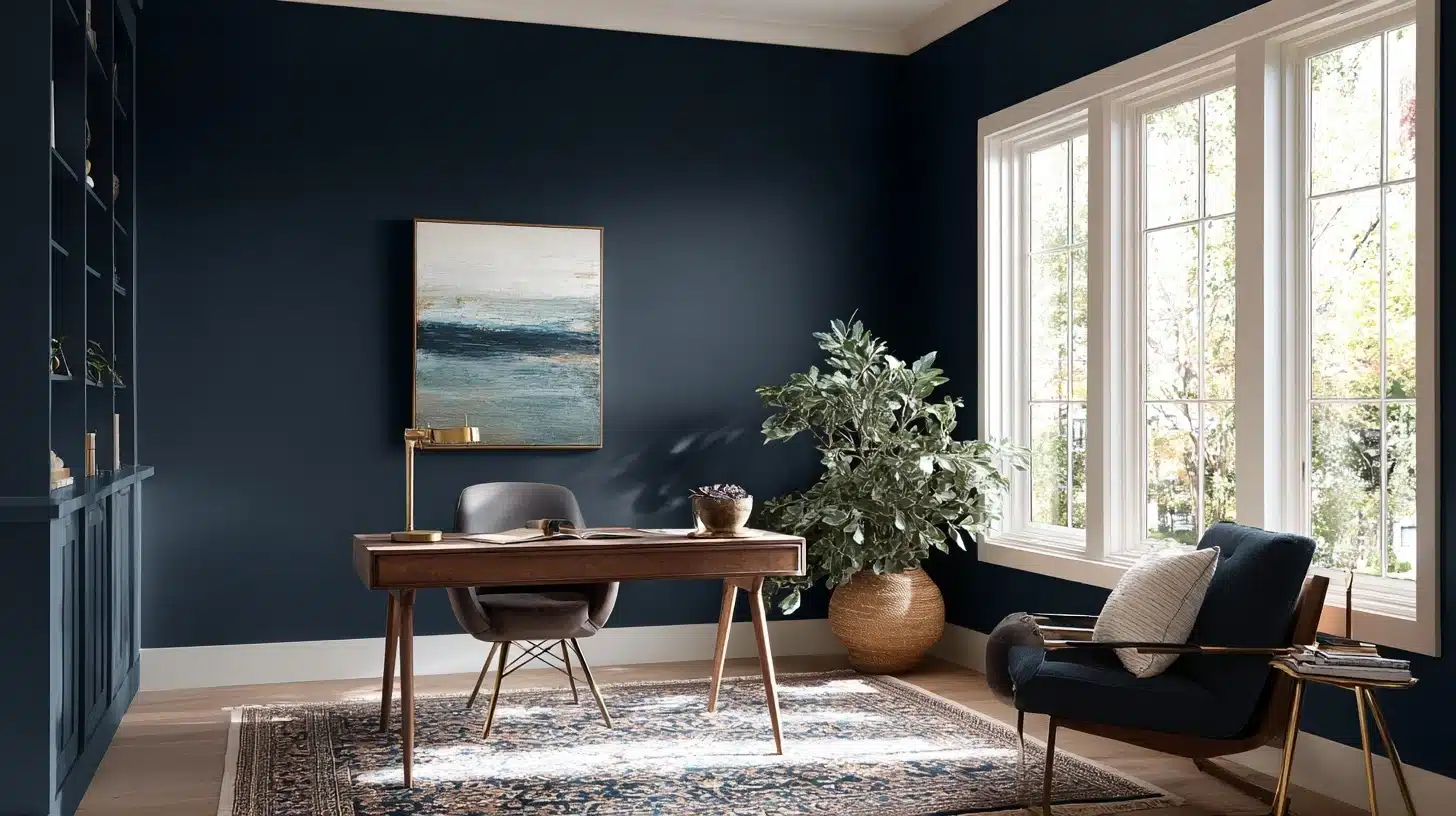 A home office featuring dark blue walls and a cozy rug, creating a stylish and inviting workspace atmosphere