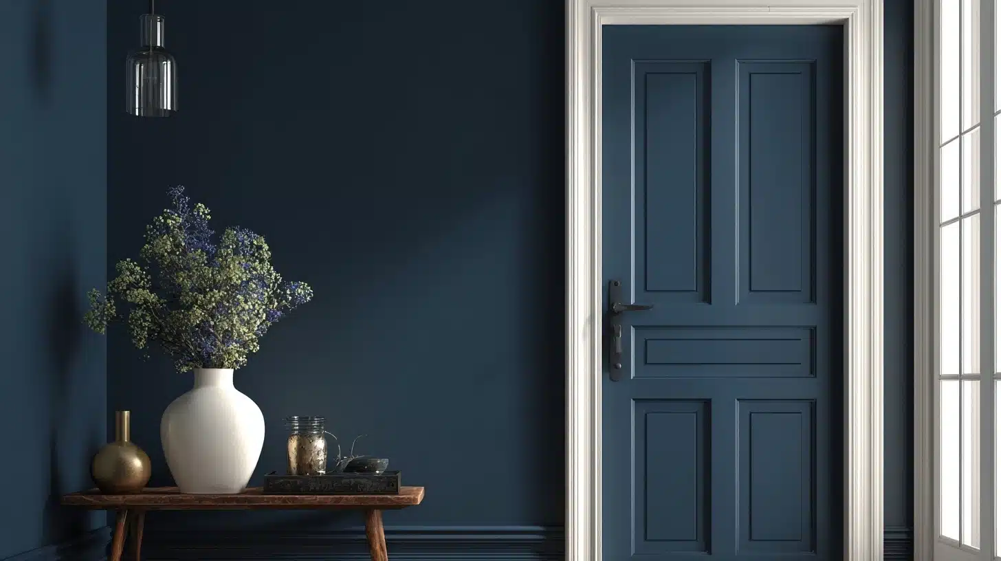 A blue door stands beside a table with a vase on it, creating a serene indoor scene