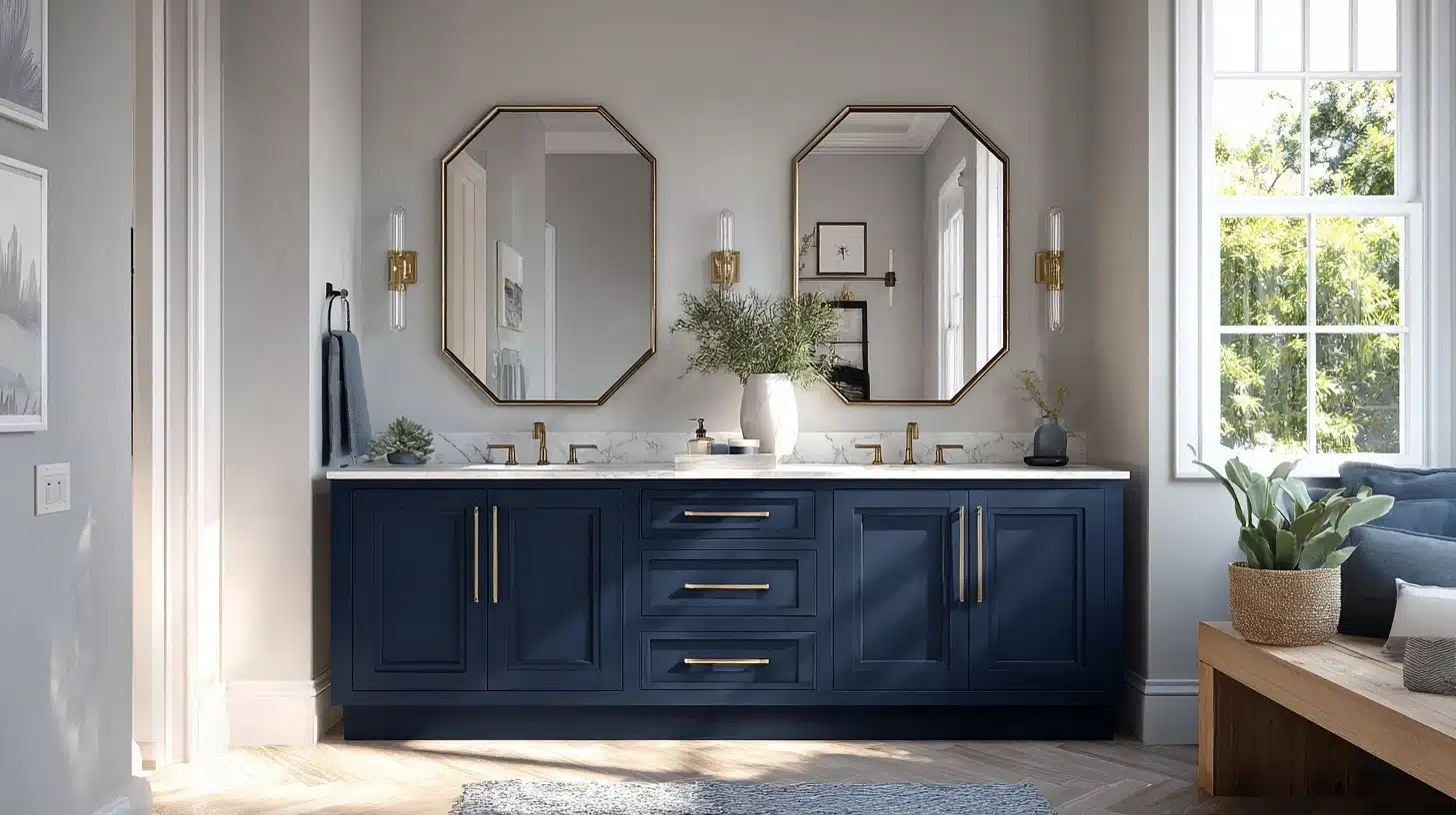A stylish bathroom with blue cabinetry and a mirror, showcasing a modern aesthetic