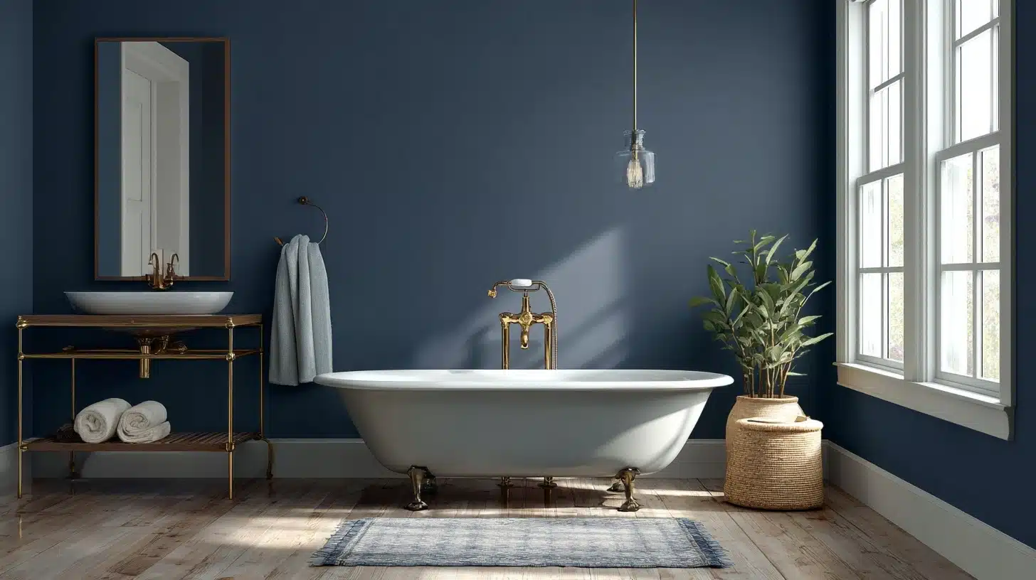 A serene blue bathroom featuring a classic claw foot tub, creating a relaxing and elegant atmosphere