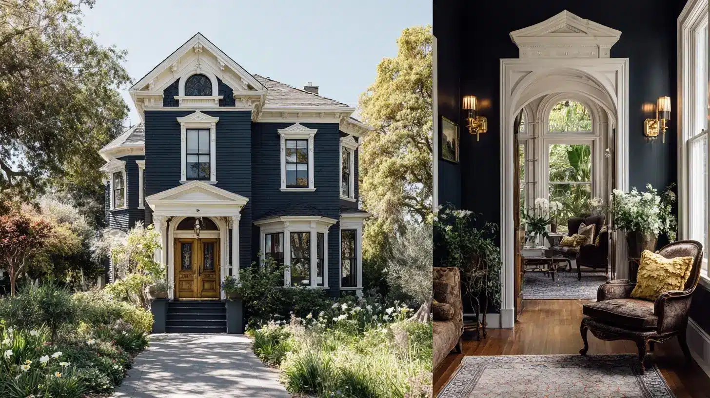 Two images of a house featuring a welcoming front porch and a prominent front door