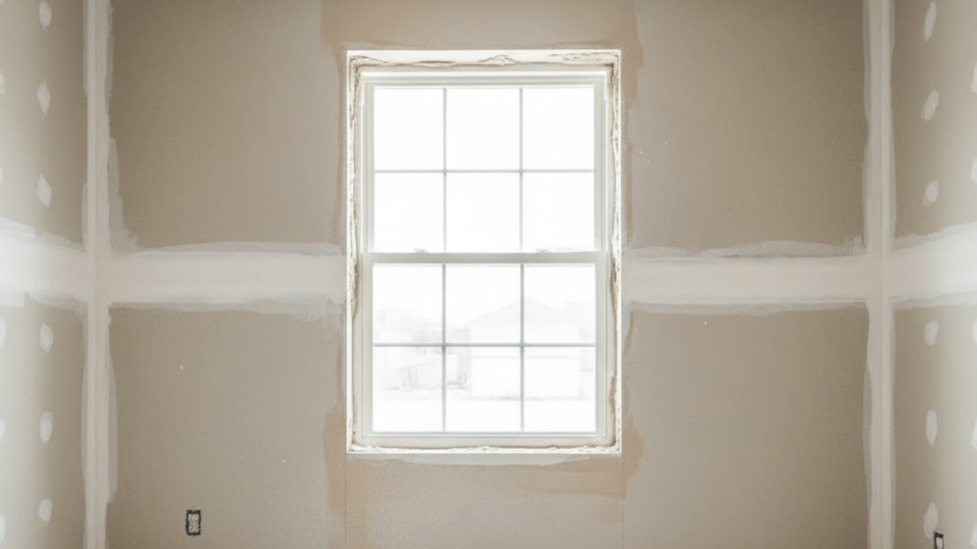 Seamless drywall window border with unfinished mudded edges in modern home renovation project