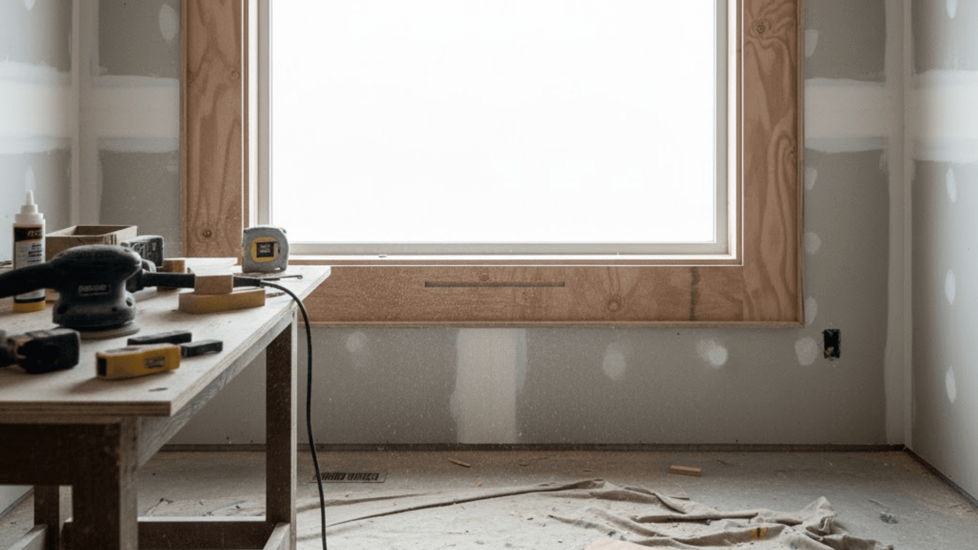 DIY plywood window trim installation with woodworking tools inside unfinished modern room