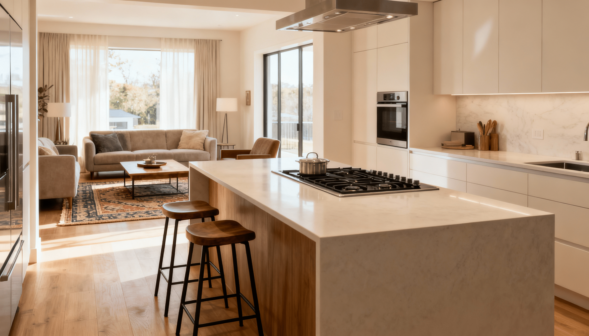 add a kitchen island that faces the living room