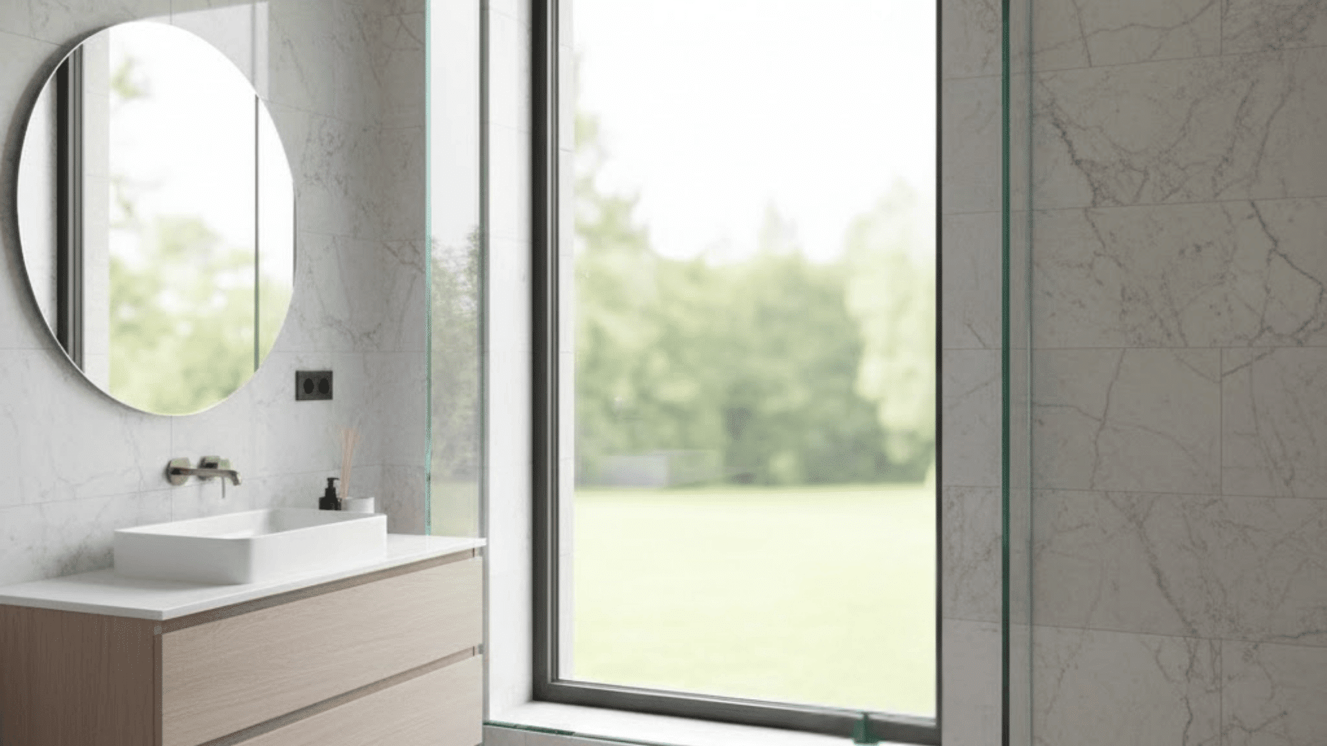 Modern bathroom with slim black interior window trim beside marble wall and floating vanity