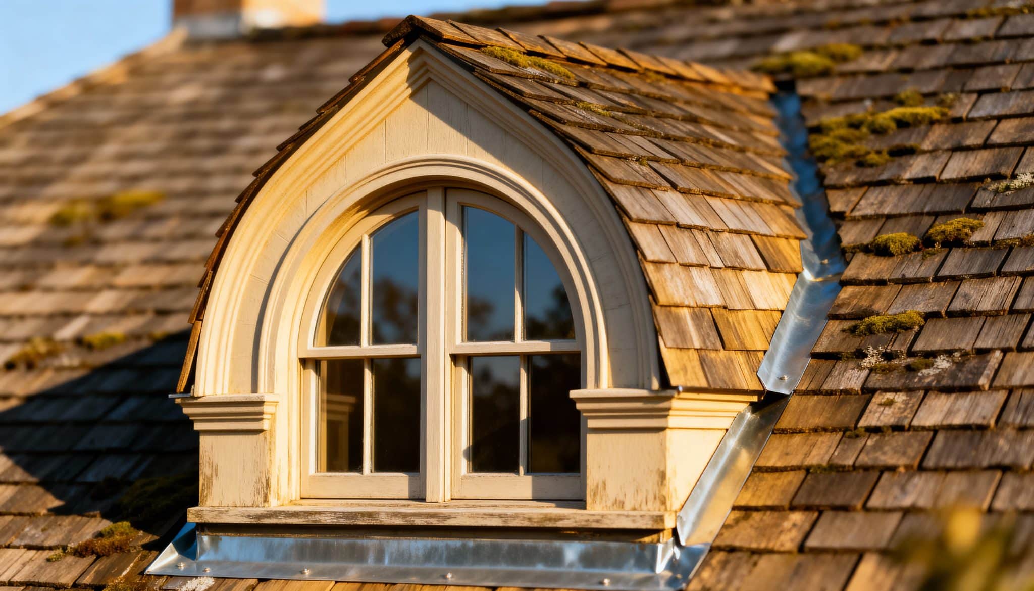 Arched top dormer window with cedar shingles on a weathered residential roof