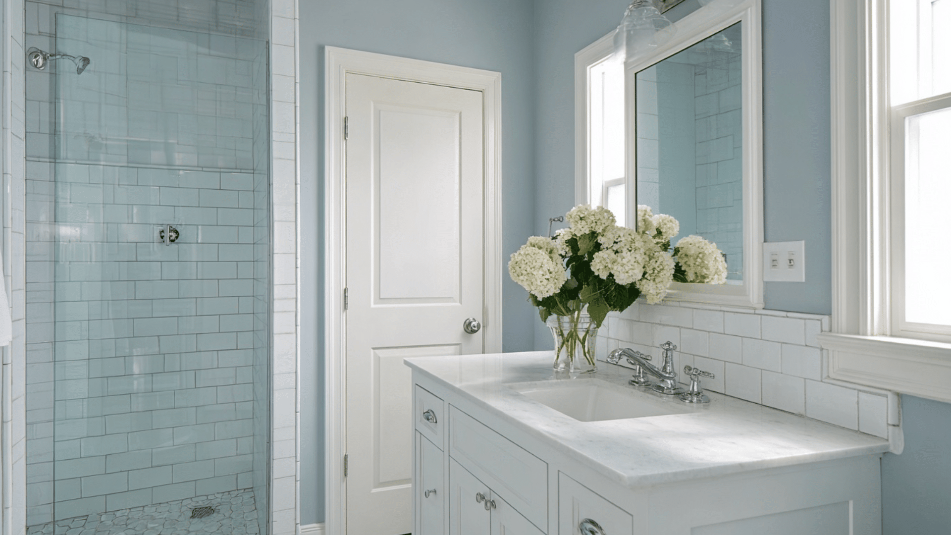 bathroom in benjamin moore santorini blue